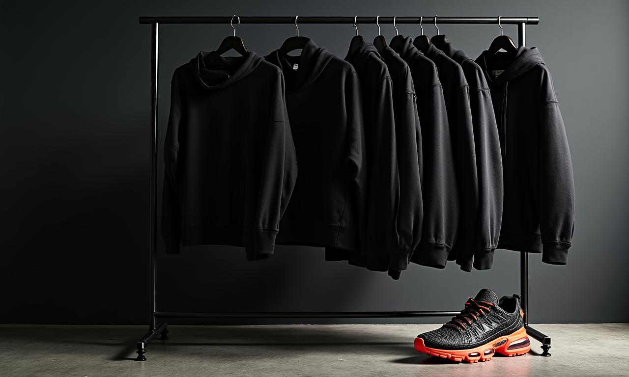 Luxury streetwear pieces curated on a minimalist industrial rack
